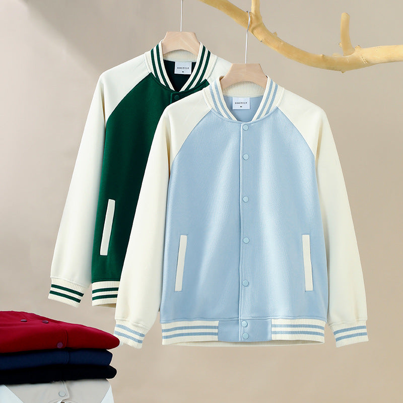 380g Trendy American Style Raglan Baseball Jacket Custom Spring Autumn Unisex Color Block Cardigan Workwear with Printing logo