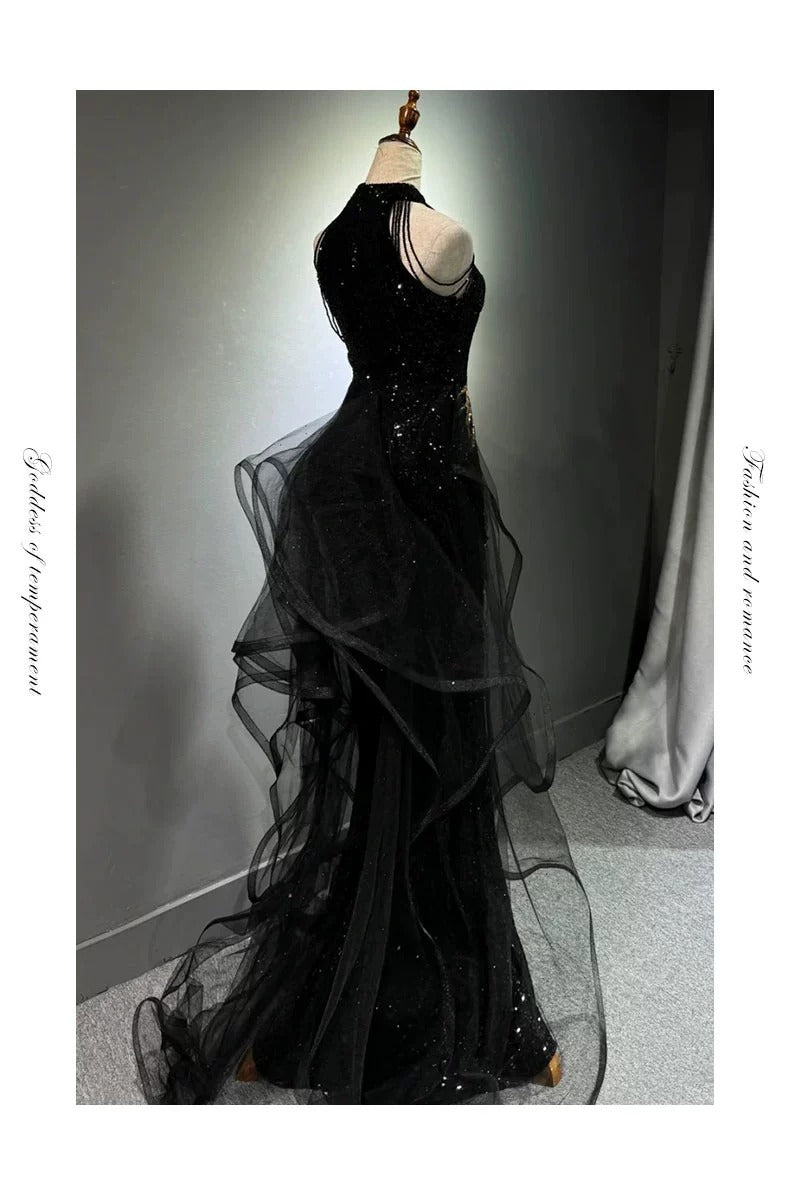 New Evening Dress Black High-End Slim Fit Elegant Socialite Host Halter Neck Mermaid Dress Wedding Toast Dress