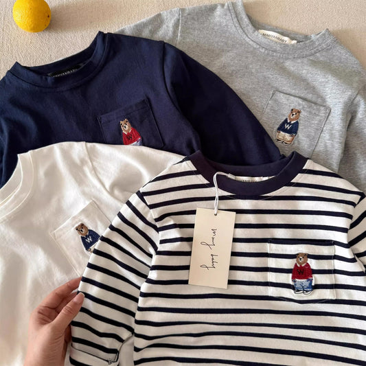 Sweet Little Chef Children's Long Sleeve T Autumn Boys' Japanese Style Bear Base Shirt Baby Toddler Striped Inner Layer Top