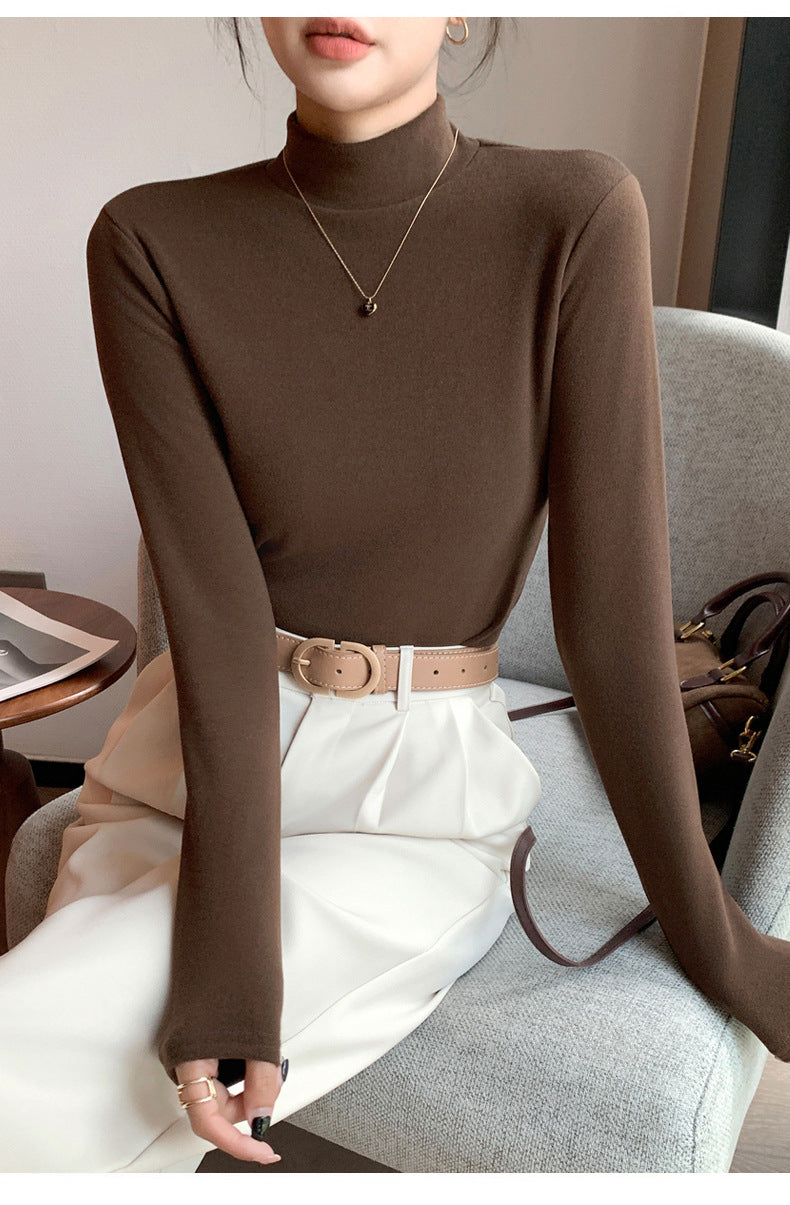 Half Turtleneck Double-Sided Thermal Base Shirt for Women, Spring and Autumn Style, Stylish Inner Wear, Solid Color, Fleece-Lined, Thickened, Warm Long-Sleeve Top