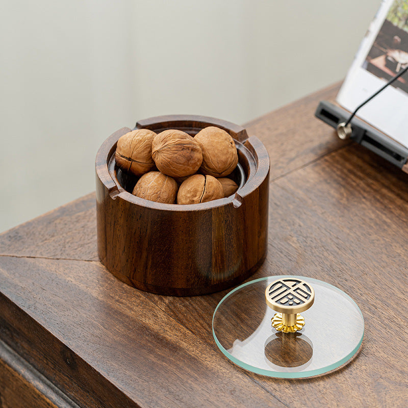 Walnut Ashtray for Home Living Room with Lid, Anti-Fly Ash, Stainless Steel Inner Liner, Creative Office Quality Ashtray