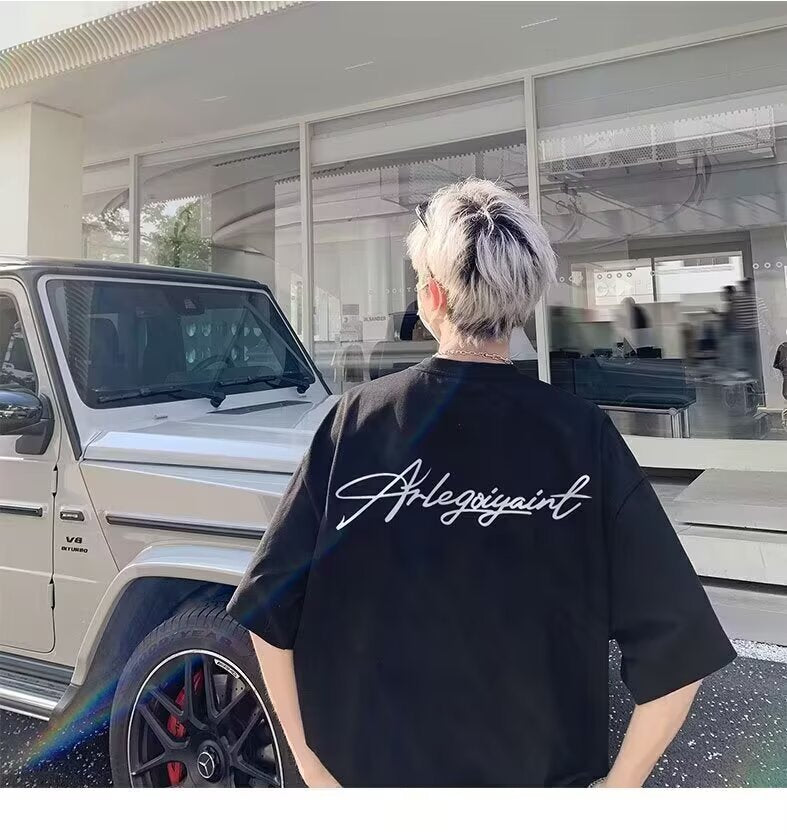 Heavyweight American High Street Letter Print Summer t T-shirt2025Trendy Versatile Men's Casual Cotton Loose Short Sleeve Shirt