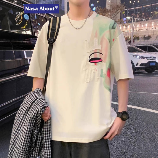 NASA Ice silk short sleeve t Men's Summer Thin Round Neck Shirt T Half-sleeve Shirt Trendy Brand Color-blocking Patchwork Design Casual