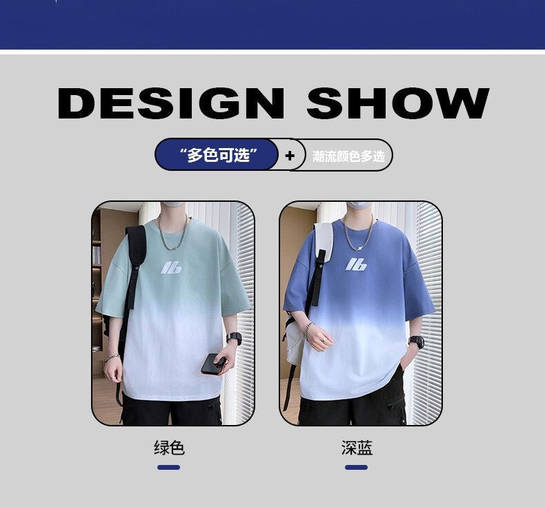 2025Summer New Men's Youth Casual Stylish Trendy Loose Short Sleeve T Shirt Gradient Color for Middle and High School Students