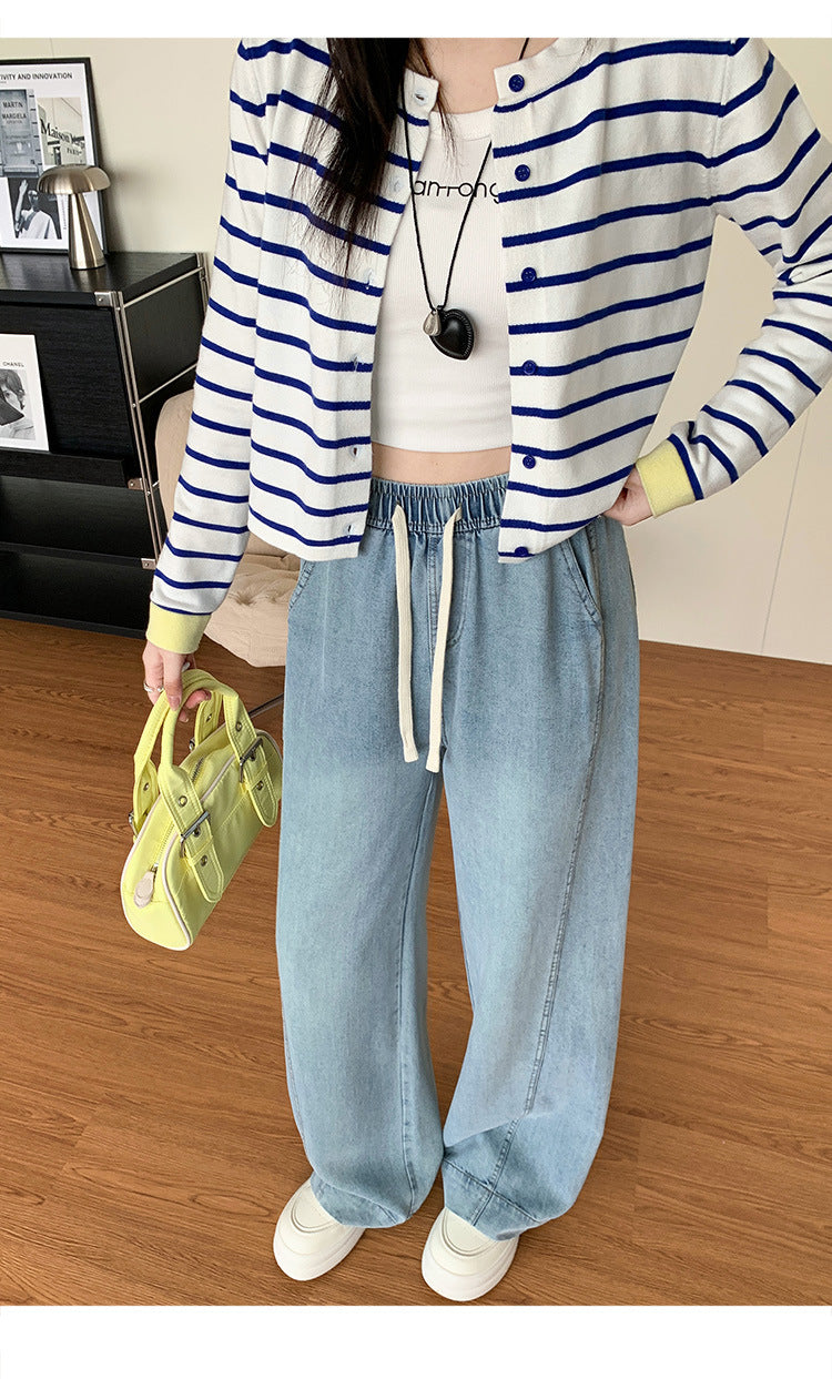 Tencel Jeans for Women Summer Thin Elastic Waist High Waist Draped Large Size Loose Straight Side Seam Front-Moved Wide-Leg Pants