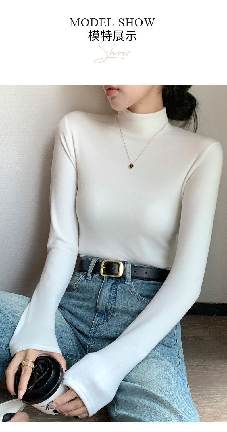 Half Turtleneck Double-Sided Thermal Base Shirt for Women, Spring and Autumn Style, Stylish Inner Wear, Solid Color, Fleece-Lined, Thickened, Warm Long-Sleeve Top