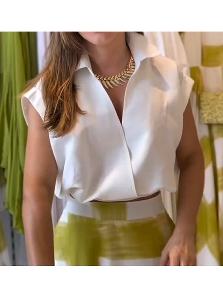 2025European and American Women's Fashion Summer Commuting Turn-Down Collar Solid Color Short Elegant Shirt Independent Stand Wish Amazon