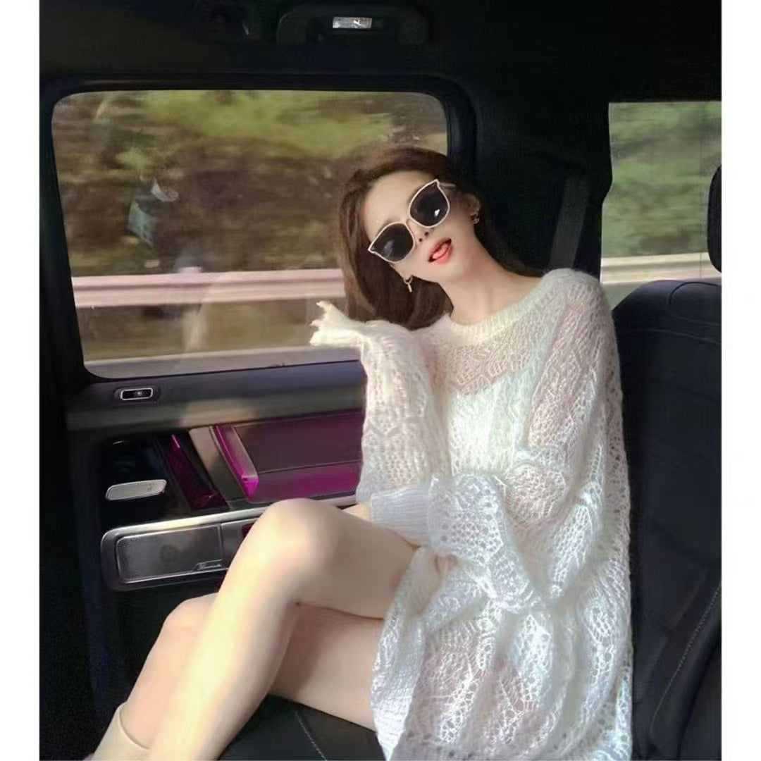 2025Spring New Soft Gentle Fairy Style Hollow Out Sweater Mid-Length Lazy Solid Color Cover-Up Top