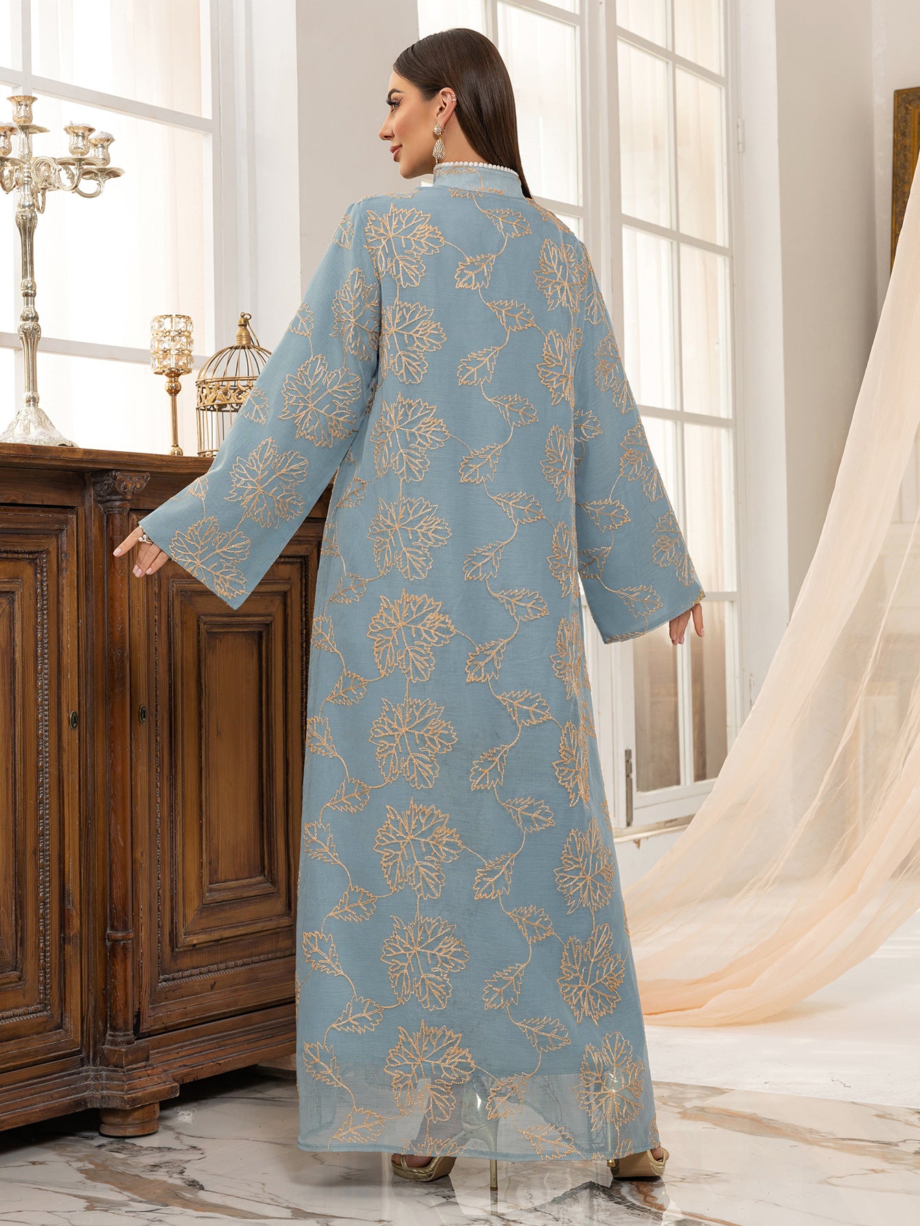 Cross-Border New Leaf Embroidery Tassel Middle Eastern Muslim Clothing Long Dress Fashion Elegant Cover-Up Dress Robe
