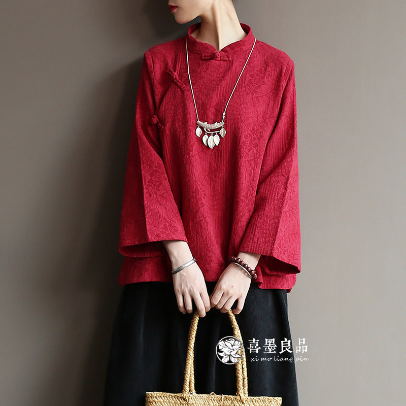 8813Xi Mo Women's Clothing Republic of China Retro Artistic Spring and Autumn New Double Layer Jacquard Button Shirt Chinese Style Short Top
