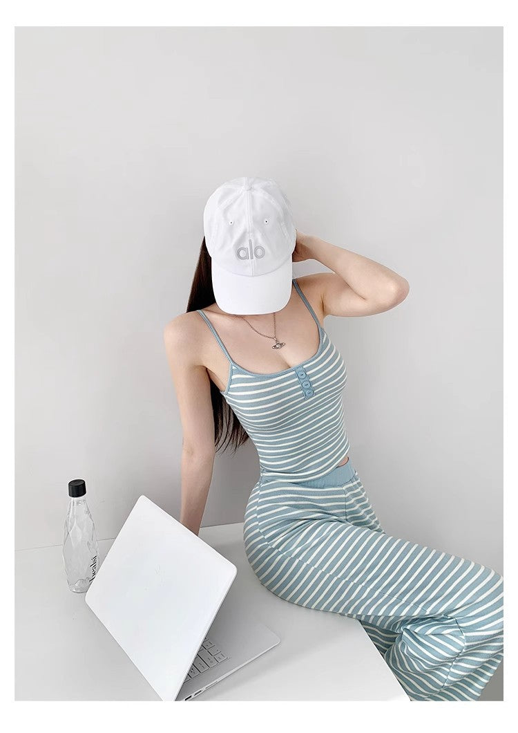 Home Lazy Relaxed Striped Slimming Wide-Leg Pants for Women Summer Hot Girl Fashion Camisole Vest Casual Two-Piece Set
