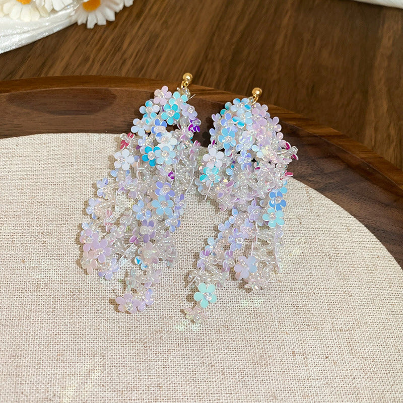 Resort Style Silver Needle Fabric Flower Tassel Earrings High-End Fashion Earrings Bohemian Sweet Exaggerated Ear Jewelry