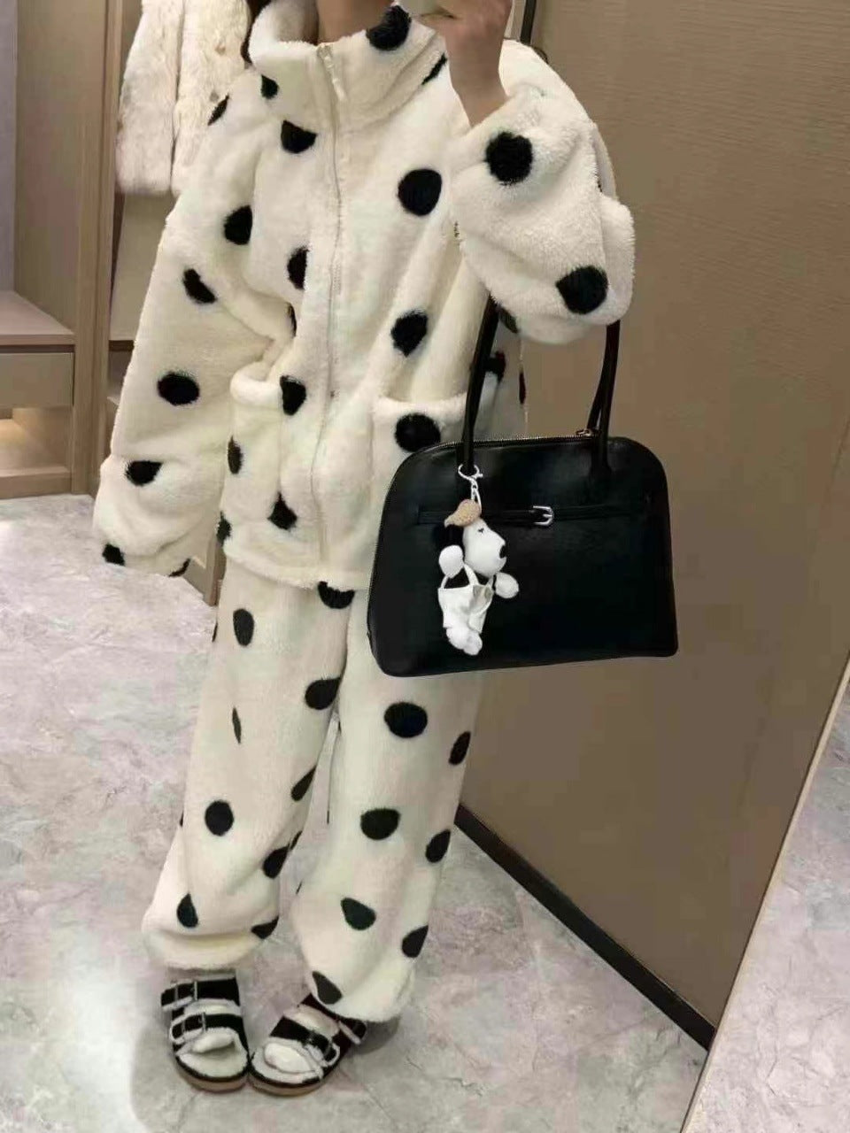 Cute Polka Dot Couple Homewear Autumn Winter Coral Fleece Thickened Zipper High Neck Homewear Set Suitable for Outerwear
