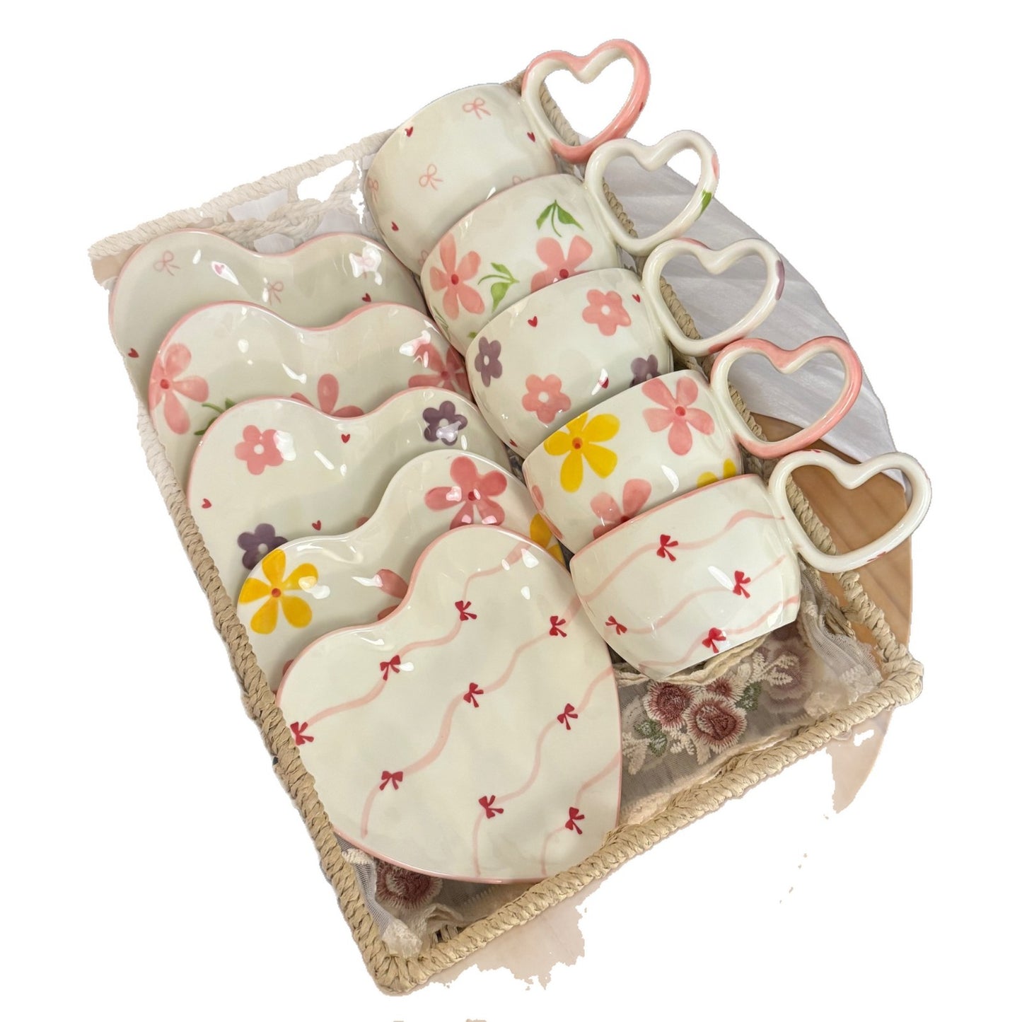 Korean Style ins Wind Hand-painted Heart Ceramic Cup and Saucer Hand Pinched Irregular Heart-Shaped Coffee Cup and Saucer Afternoon Tea Cup and Saucer