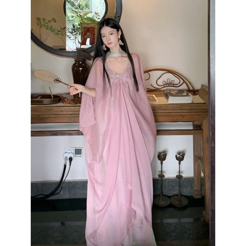 Cool Beauty Lotus Color Fairy-like Summer Atmosphere Cape Blouse Jacket Floral Strap Long Dress Set