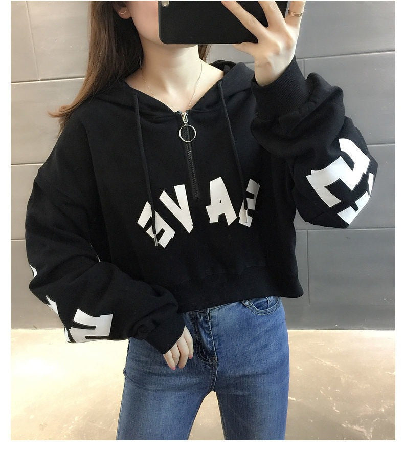 Half Zipper Hooded Short Petites Sweatshirt Women2025New Early Autumn Thin High-Waisted Stylish Streetwear Jacket Trend