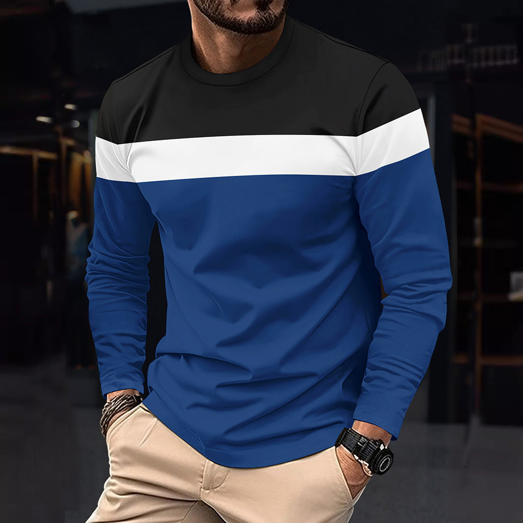 Cross-Border Trade Plus Size Autumn Winter Men's Crew Neck Long Sleeve Color Block Base Shirt Pullover Thin Long Sleeve T Men's T-shirt