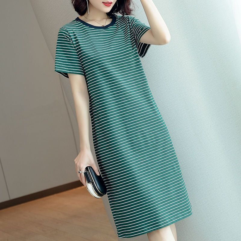 Summer Waist-Cinching Dress Plus Size Middle-Aged and Elderly Mom Outfit Mid-Length Striped Short Sleeve T Women's T-shirt Skirt Cross-Border Wholesale