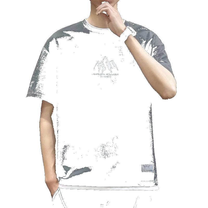 2022 new summer mountain print short-sleeved T-shirt men's ins trend versatile fake two-piece round neck top