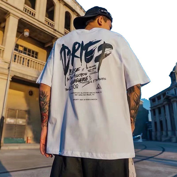 2022 summer new style printed short-sleeved T-shirt for men, loose trendy brand hip-hop half-sleeved shirt, Korean style ins versatile five-quarter sleeve