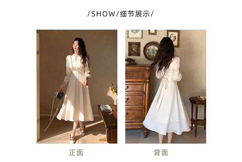French A Line skirt2025Spring and Summer New Women's Long Sleeve Dress Waist Slimming Elegant Acetate Satin Long Dress