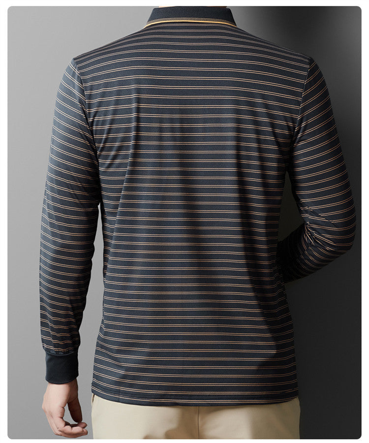 Autumn Men's Long Sleeve Cotton t Shirt for Middle-aged Dad Autumn Outfit with Turn-down Collar and Stripes POLO Base Layer Shirt T Grandpa's clothes