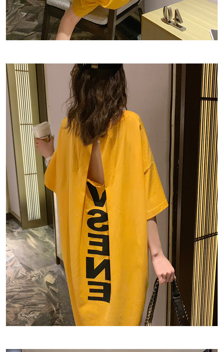 Summer Korea200Jin Fat mm Dress Women's Long Backless Loose Maxi Dress Plus Size Short Sleeve Maternity T T-shirt Skirt