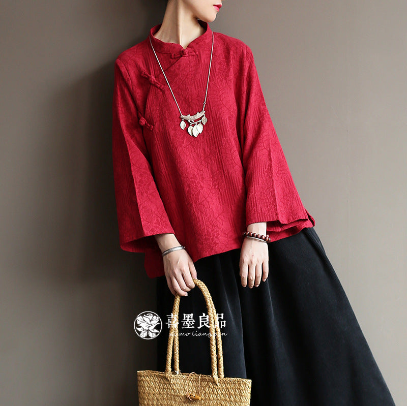 8813Xi Mo Women's Clothing Republic of China Retro Artistic Spring and Autumn New Double Layer Jacquard Button Shirt Chinese Style Short Top