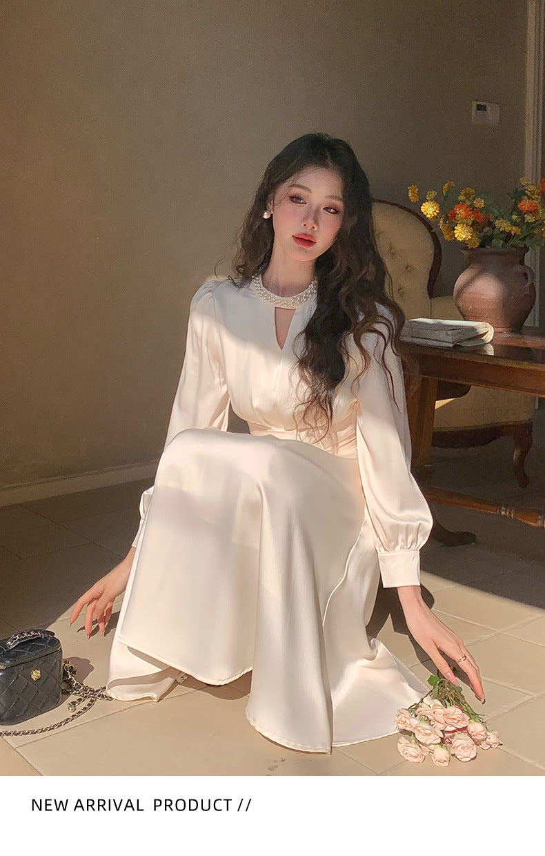 French A Line skirt2025Spring and Summer New Women's Long Sleeve Dress Waist Slimming Elegant Acetate Satin Long Dress