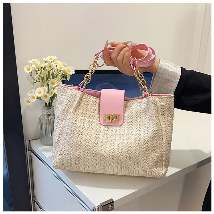 2025Women's Spring New Small Chanel Style Bag for Work Commute Versatile Straw Woven Large Capacity Wide Shoulder Strap Women's Single Shoulder Bag