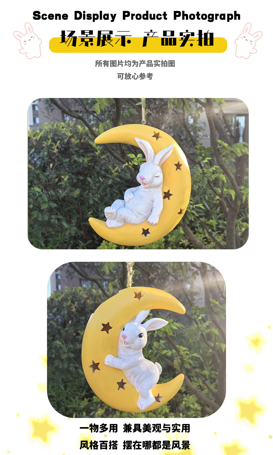 Cute Rabbit Moon Solar Pendant Outdoor Garden Courtyard Tree Hanging Balcony Pipe Kindergarten Decoration Ornament