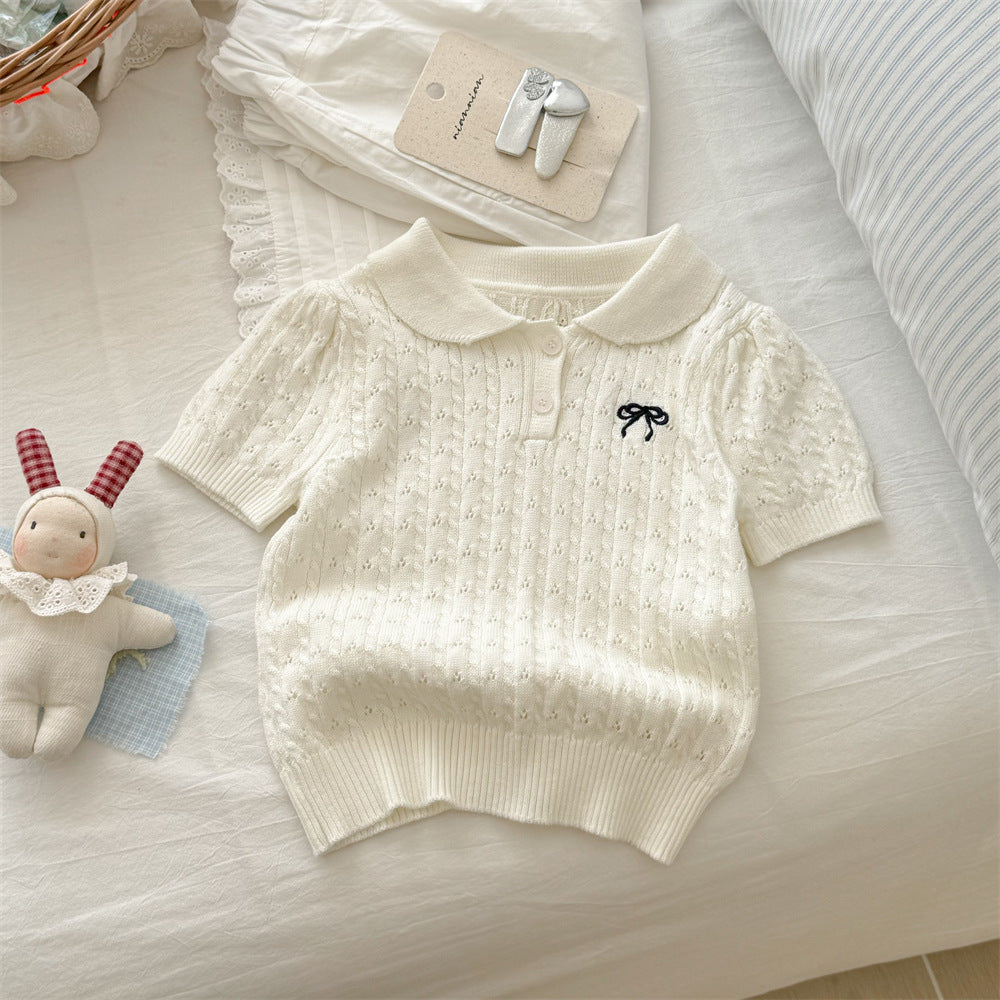 Sweet Little Sister New Summer Outfit Korean Style Girls' Clothing Bow Collar Short Sleeve Stylish Fashionable Super Cute Knitted Sweater Trendy