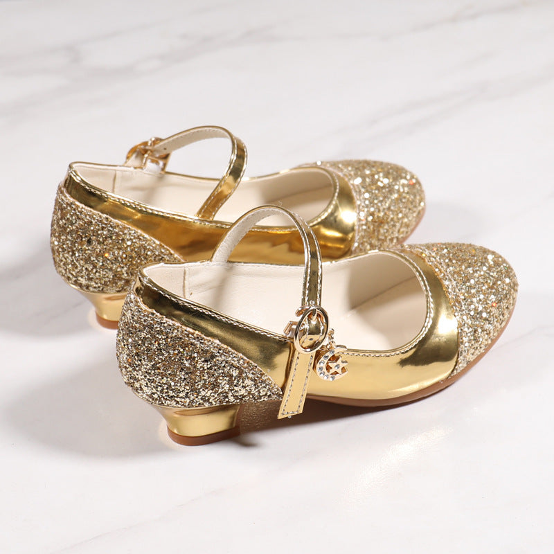 Girls' Leather Shoes Korean Style High Heel Princess Shoes Frozen Silver Children's Dance Shoes Elsa Shoes Summer