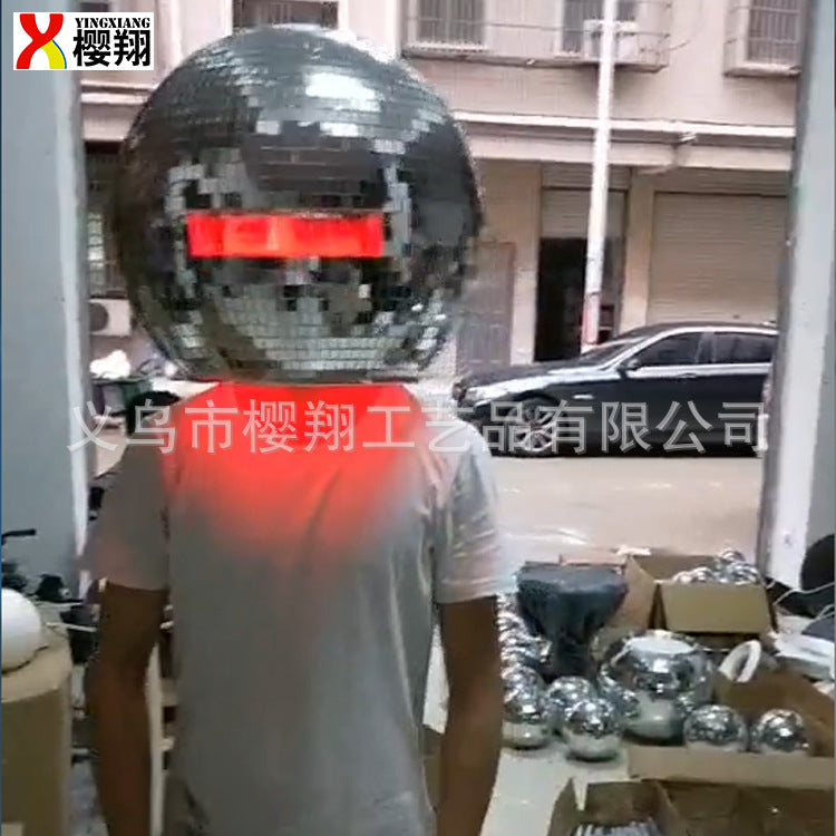 迪斯科球头盔带伸缩镜DJ舞台道具迪斯科镜面头盔带镜片反光球头盔