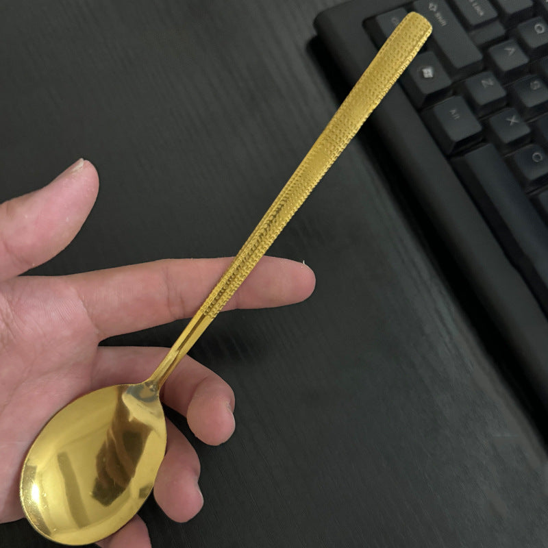 Korean Style Ice Pattern Spoon Soup Spoon Stainless Steel Hammered Long Handle Spoon Dining Western Soup Spoon Student Spoon Adult Rice Spoon
