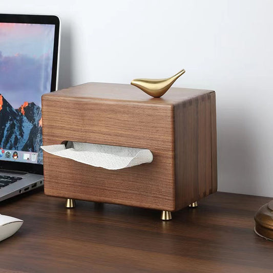 Black Walnut Wood Tissue Box for Home Living Room, Copper Bird Tissue Box, Desktop Ornament, Wooden Tissue Storage Box