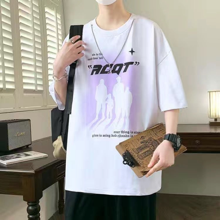 2025Summer New Men's Youth Casual Stylish Trendy Loose Short Sleeve T Shirt Gradient Color for Middle and High School Students