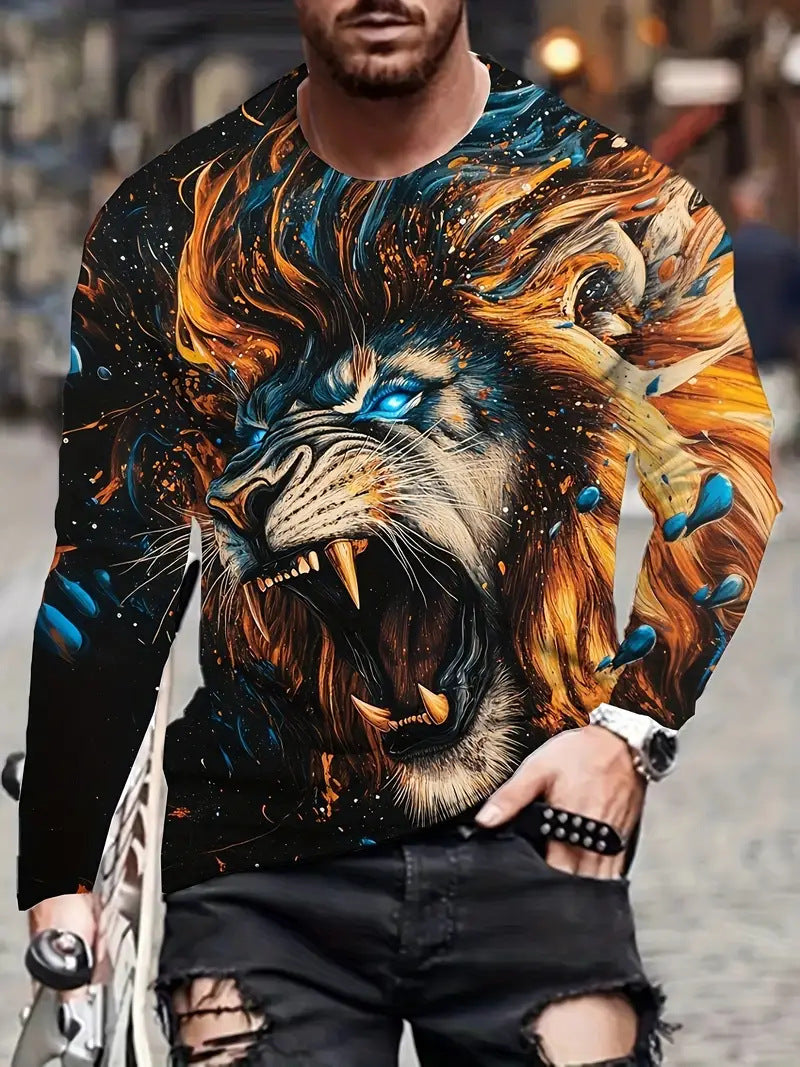 European and American Cross-Border Amazon Foreign Trade Men's Animal Fashion3D Digital Printing Casual Round Neck Long Sleeves T T-Shirt Wholesale