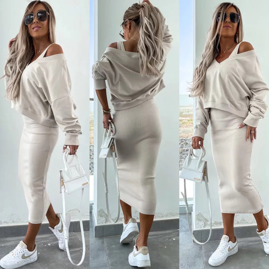 Amazon European and American Cross-Border New Spring Summer Women's Solid Color Clothing V Collar Long Sleeve Sweater Sling Slim Fit Long Dress2Set