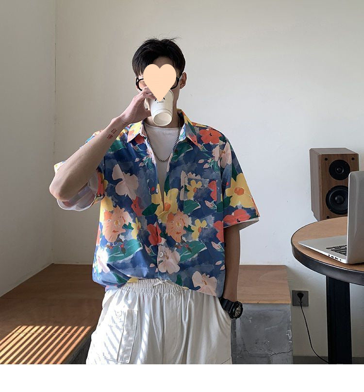 Summer Short Sleeve Floral Shirt for Men and Women Hawaiian Retro Hong Kong Style Loose Ice Silk Shirt Couple Outfit