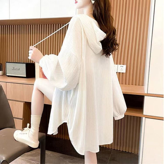 plus Size300White Long Sleeve Sun Protection Jacket for Women, Summer Versatile Mid-Length Loose Cardigan with Hood