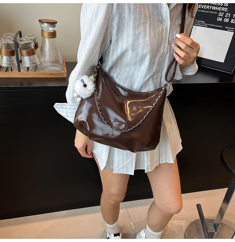 Summer Fashion Simple Casual Soft Surface Fresh Glossy Solid Color Large Capacity Commuter Shoulder Crossbody Bag2025New