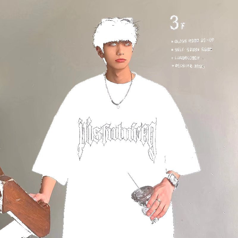 220g cotton short-sleeved T-shirt men's summer new ins Hong Kong style loose five-quarter sleeve letter printed T-shirt top