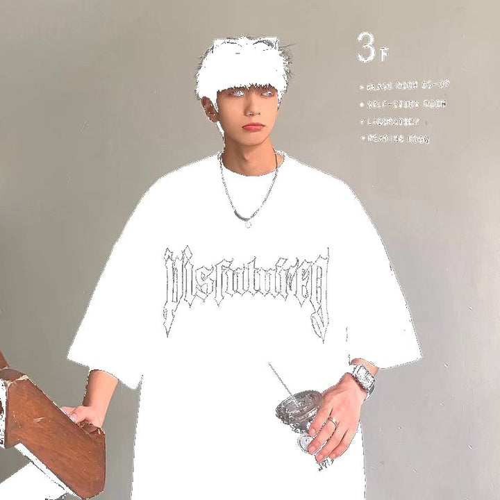 220g cotton short-sleeved T-shirt men's summer new ins Hong Kong style loose five-quarter sleeve letter printed T-shirt top