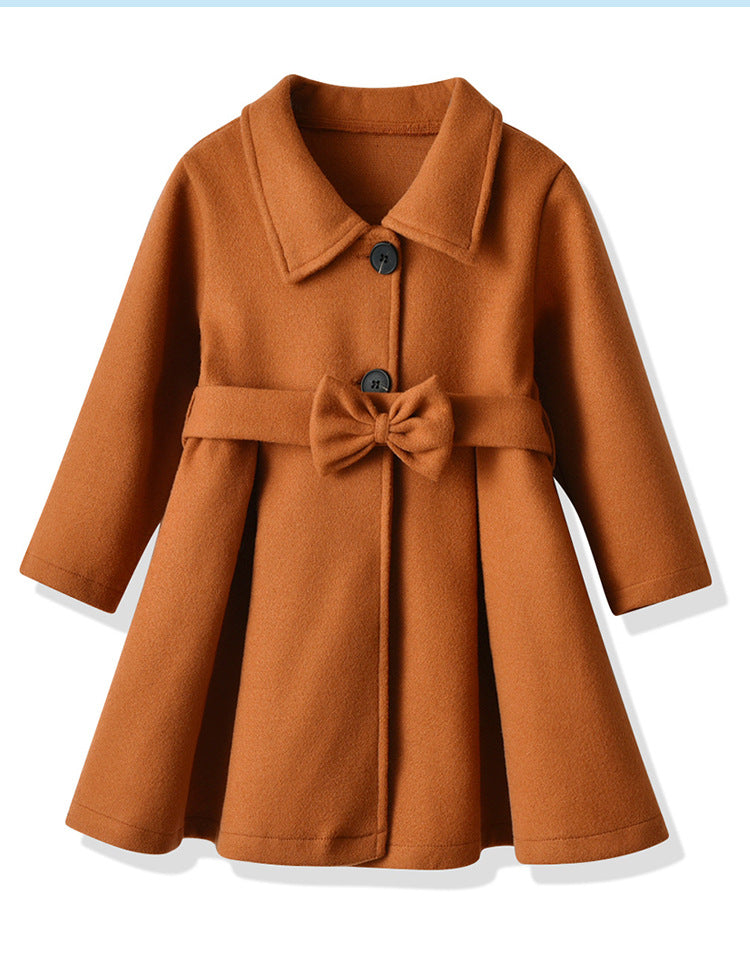 Cross-Border E-commerce Children's Coat Autumn Girls' Bow Thickened Korean Style Mid-Length Woolen Coat Manufacturer Wholesale