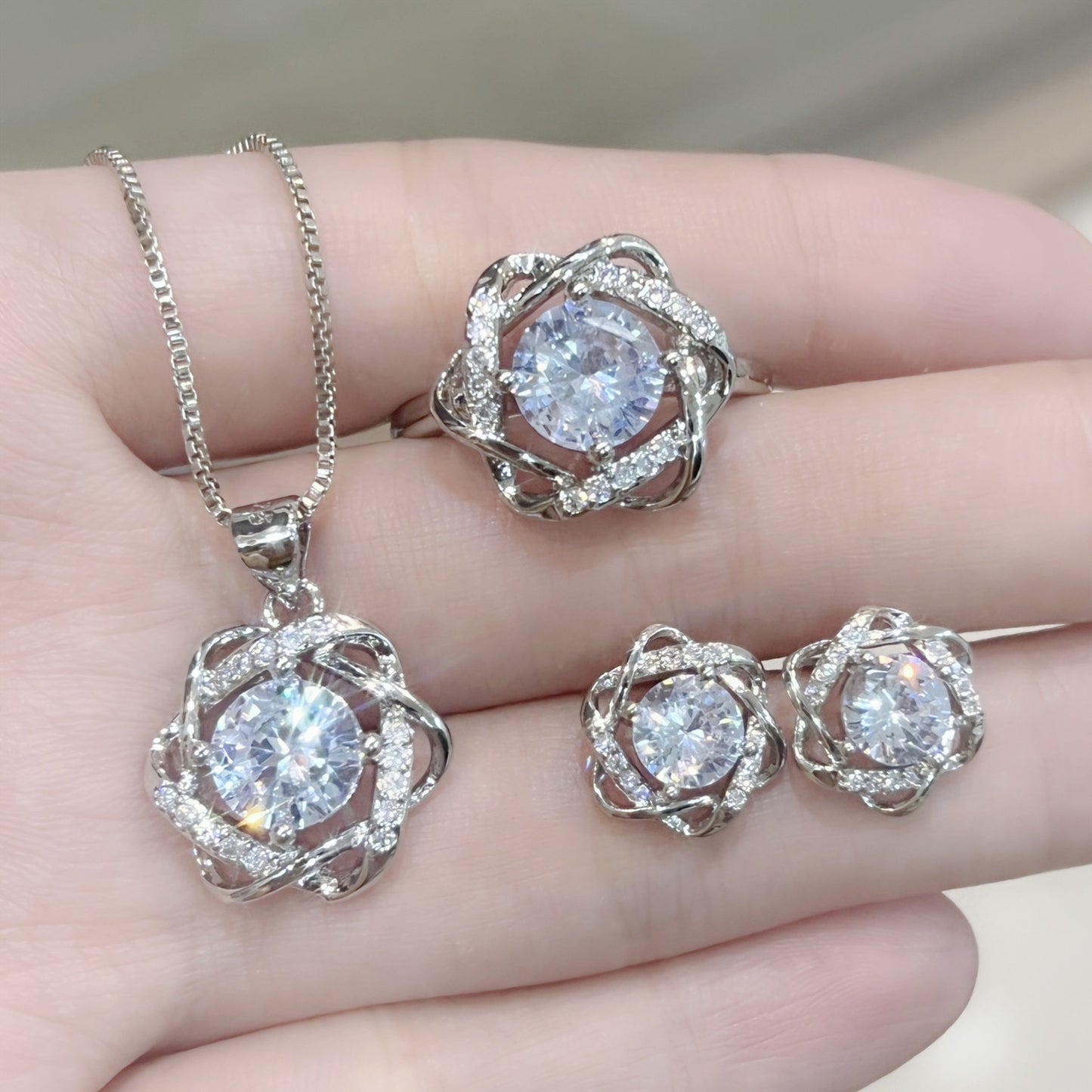 TikTok Live Full Diamond Hexagram Ring Earrings Pendant Necklace18K Gold Rotating Windmill Diamond Ring Jewelry Set