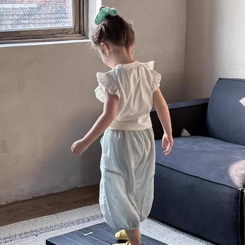 Sweet Little Girl Summer New Cute Lace Cartoon Vest and Jogger Anti-Mosquito Pants Two-Piece Set Trendy