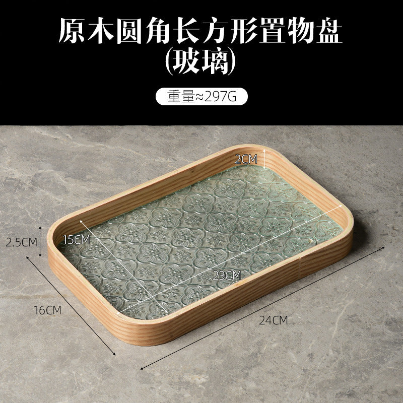 Begonia Embossed Glass Tray Walnut Color Rectangular Tea Tray Storage Ornaments Tea Water Cup Fruit Snack Plate