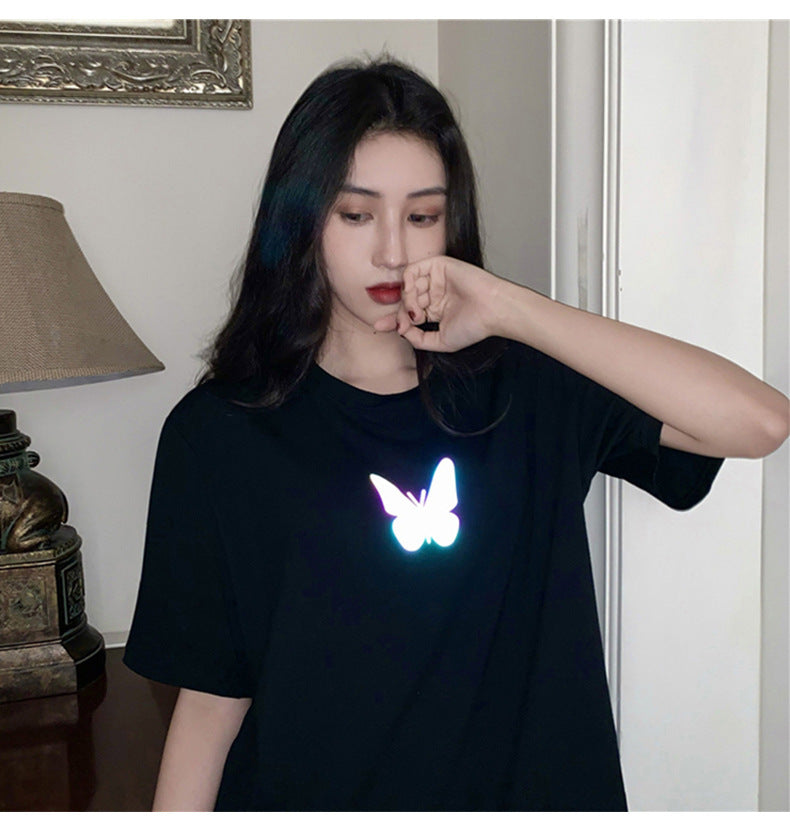 Summer2025New Year's Trendy Internet Celebrity Couple Outfit Reflective Butterfly Short Sleeve t Women's Summer T-shirt ins Super Popular Short Top