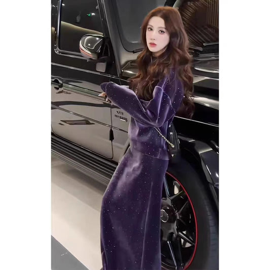 Spring High-End Exquisite Luxury Style Little Chanel Purple Sequin Velvet Dress Set